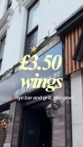 A vlog-style review of NYC Bar & Grill in Glasgow, highlighting their Tuesday 'Wing Night' deal where customers can get 10 wings for £3.50. The video showcases the extensive menu, various wing flavours, and the casual, student-friendly atmosphere.