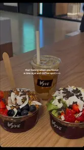 A short promotional video showcasing the preparation of acai bowls and coffee at Vyve, located in Lakeside Mall.