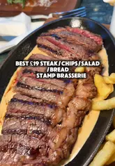 A review of a £19 steak and chips meal at Stamp Brasserie in London, highlighting the value, meat options, and the lava cake dessert.