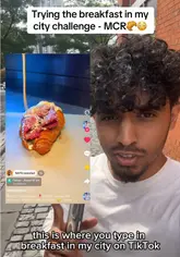 A creator participates in a 'breakfast in my city' trend, visiting a Manchester bakery called 'Flakey' to sample their loaded savory and sweet croissants.