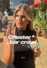 A fast-paced vlog-style reel following a creator on a bar crawl through Chester, visiting several venues including Cafe Barbette, TBC, Flat Earth, and Bar Lounge. The video features the creator narrating the route, showcasing drinks like wine and margaritas, and capturing the atmosphere of each spot.