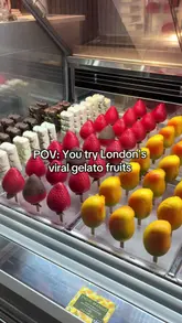 A short, visually-focused reel showcasing the viral gelato fruits at Snowflake Gelato, featuring a display of various fruit-shaped desserts and a clip of one being dipped in chocolate.