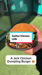 A creator reviews various Caribbean dishes from Gather Kitchen LDN at Post Market Balham, highlighting the jerk chicken dumpling burger, oxtail, curry goat, and jerk pork.