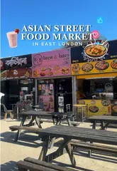 A fast-paced tour of Newham Food Village in East London, highlighting various Asian street food stalls including Kacchiana, Brew & Bites, Jhal Point, Shahi Kebab, and Nepalese Bites.