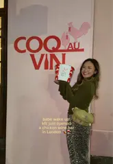 A short, fast-paced reel showcasing a limited-time 'Coq au Vin' pop-up event in London, featuring a collaboration between KFC and La Vieille Ferme wine. The video highlights the venue, the wine pairing experience, and the KFC menu items served in a social setting.