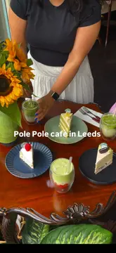 A vlog-style review of Pole Pole cafe in Leeds, showcasing their matcha drinks, fluffy cakes, and cozy, antique-filled interior. The creators highlight the relaxing atmosphere and the cute takeaway packaging.