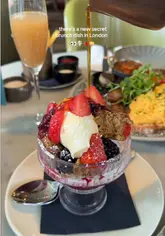 A montage of brunch dishes at Riding House Cafe, featuring a secret pancake sundae, full English breakfast, French toast with fried chicken, and Bellinis.