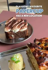 A short, visually appealing reel showcasing the new location of Papercup Coffee in Glasgow, highlighting their brunch menu, coffee, and interior.