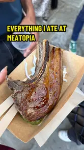 A creator documents their experience working at the Meatopia food festival, showcasing a variety of dishes from different vendors including lamb chops, beef ribs, massaman curry, paella, and pork cheeks, alongside cocktails and desserts.