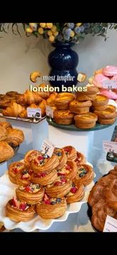 A creator visits three different London bakeries, showcasing unique pastry combinations like a sambal bacon pan suisse, a creme brulee croissant, and a beef-filled pastry. The video uses a listicle format to highlight specific items from Mahali Bakery, Heidi, and Rise & Fold.