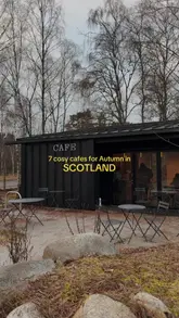 A listicle-style video showcasing seven different cafes across Scotland, featuring exterior shots, interior decor, and coffee with pastries.