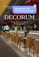 A promotional video for Decorum in Birmingham, showcasing the restaurant's luxurious interior design, diverse menu of halal fine dining dishes, and signature cocktails.