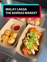 A creator visits a Malaysian street food stall at the Barras Market, reviewing several dishes including fried pork siu mai, fried chicken fillet, and honey mayo chicken bites.