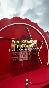 A short promotional video highlighting a Kewpie mayonnaise pop-up event in Covent Garden, London, where free tamago sandwiches are being distributed to the public.