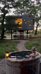 A montage showcasing a secluded treehouse stay in Scotland, highlighting the hot tub, cozy interior, log burner, and scenic views.