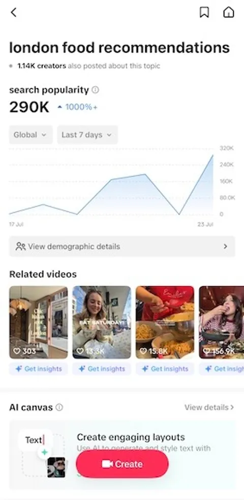 TikTok Creator Search Insights showing trending food searches
