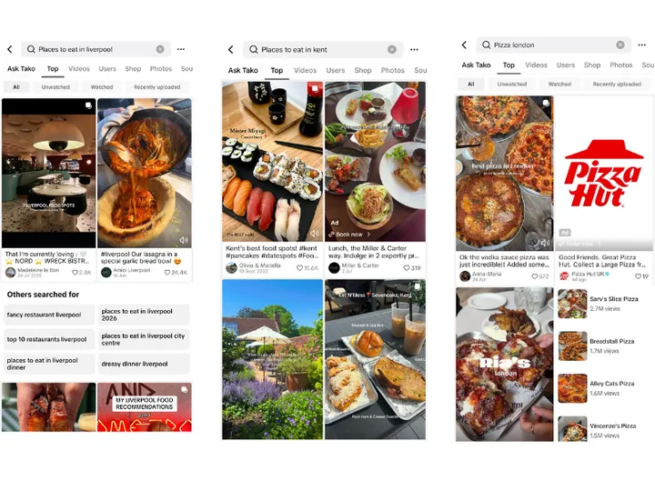 TikTok search results for places to eat, dominated by creator videos